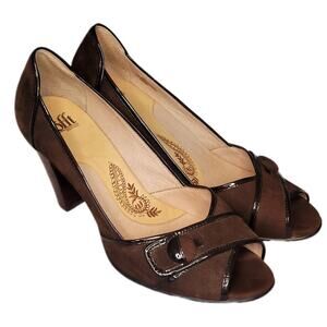 Sofft "Gabby" Brown Suede Leather Peep Toe Stacked Heel Pumps Heels Shoes sz 10